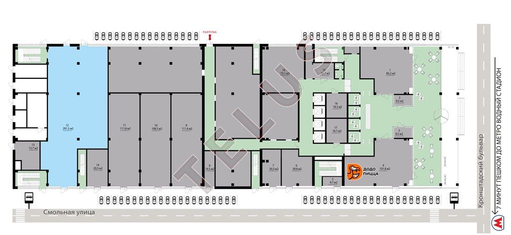 Торговое помещение 291,3 кв.м. с двумя независимыми входами и собственной зоной погрузки-разгрузки, расположенное в БЦ S...